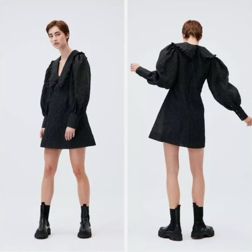 Ganni Black Jacquard Ruffled Collar Mini Dress